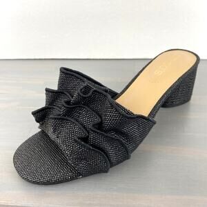 Chico's Whitney Raffia Ruffle Heels Women 6.5M Black Coquette Slip On Shoes NWOB